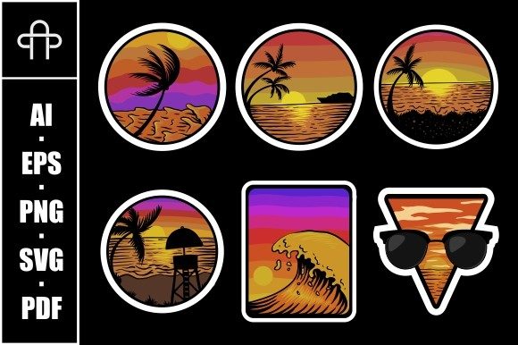 Beach Sunset Retro Stickers Vector Review