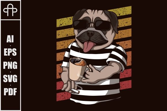 Pug Dog Drinking Coffee Retro Review