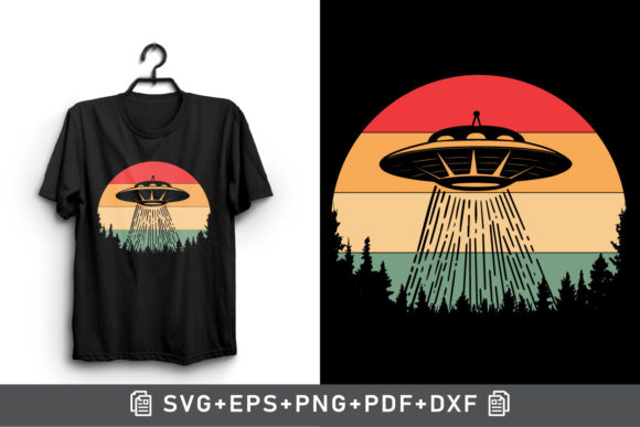 Retro Vintage Sunset UFO Flying Clipart